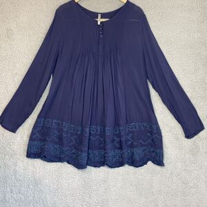 Monoreno Women's Boho Oversized Babydoll Flowy Tunic Top Large Blue Embroidery